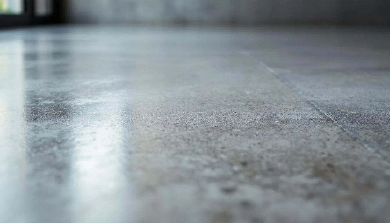 Šedý leštěný beton — close-up textura referenční realizace pro porovnání