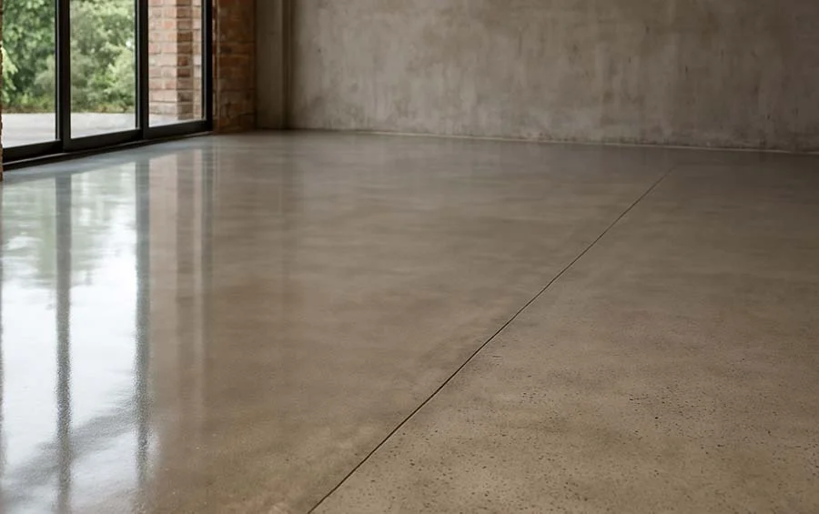 Leštěný beton v interiéru rodinného domu Brno, 140 m², Level 2 lesk — referenční realizace, barevné varianty dostupné z palety vzorníku